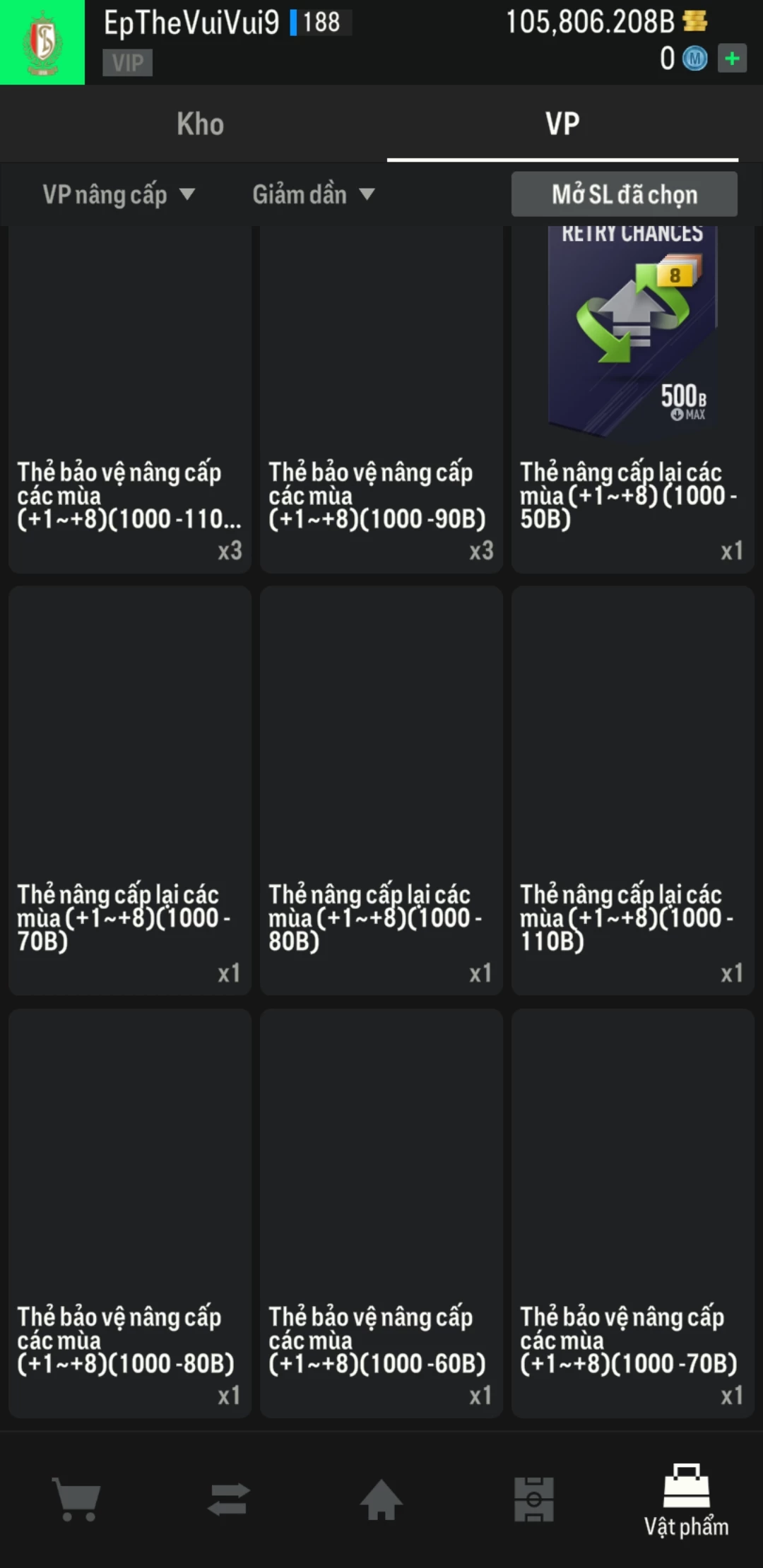 Ảnh ACC mở thẻ (LOẠI SVIP PROMAX) bao gồm có 01 thẻ +12, 03 thẻ PRIME (QH+, CP+, XS+) và hơn 1500+ đến 1600+ thẻ cầu thủ từ Siêu sao đến Miền núi các loại. Acc có sẵn BP trắng từ 90.000 tỷ BP đến 110.000 tỷ BP kèm theo nhiều ngày SVIP